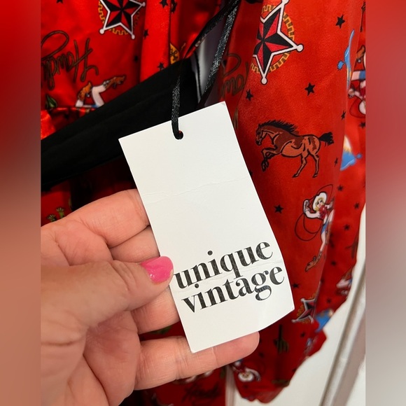 UNIQUE VINTAGE RUST Red Silk Western Print ROCKABILLY Dress with Tie NWT Howdy - Picture 9 of 12